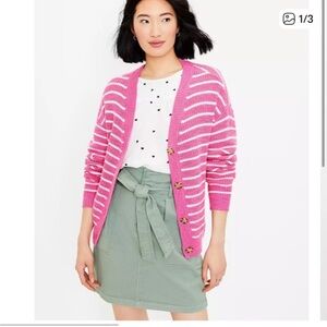 Loft Pink and White Striped Relaxed Button-Front Cardigan